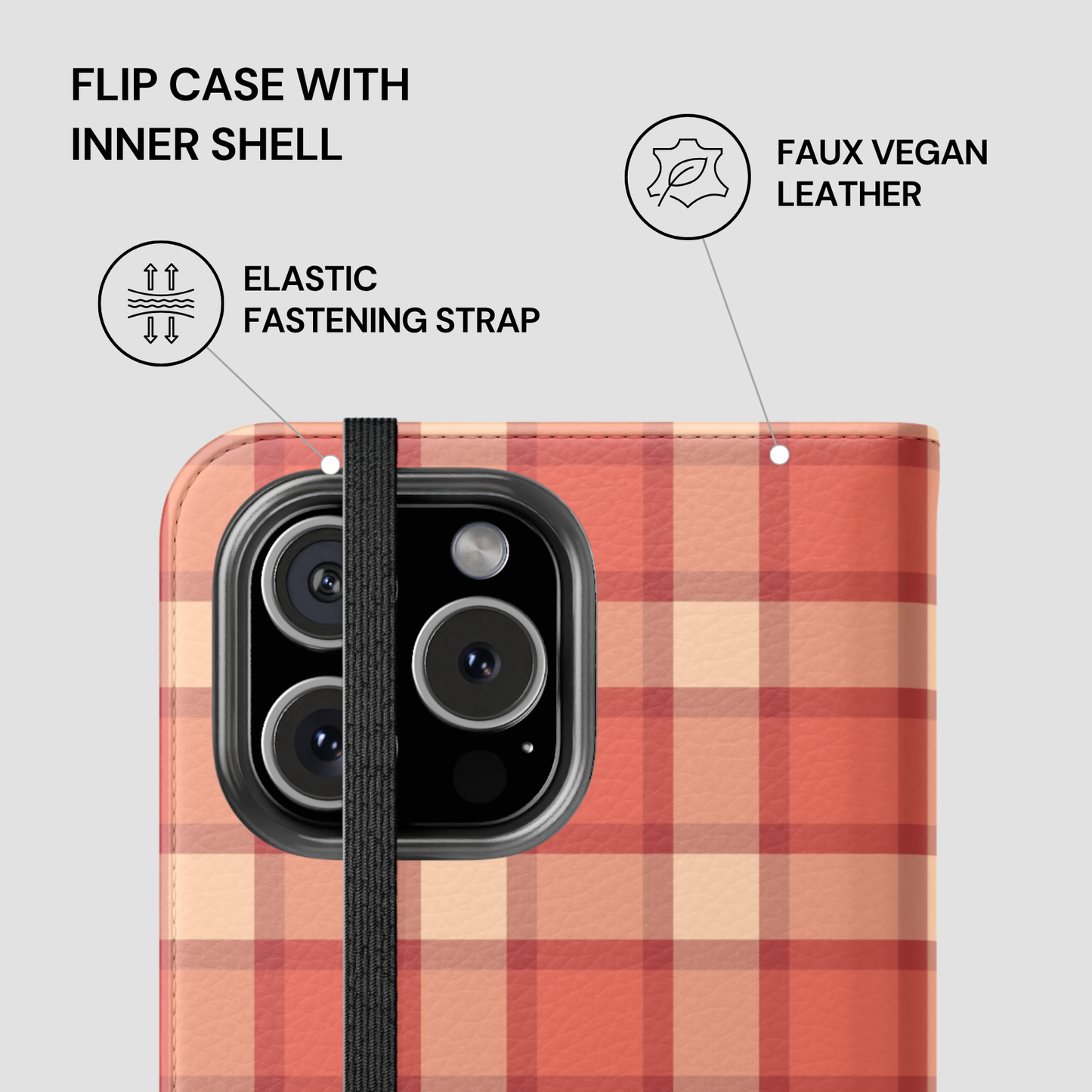 Plaid patterned phone case with features highlighted on a gray background