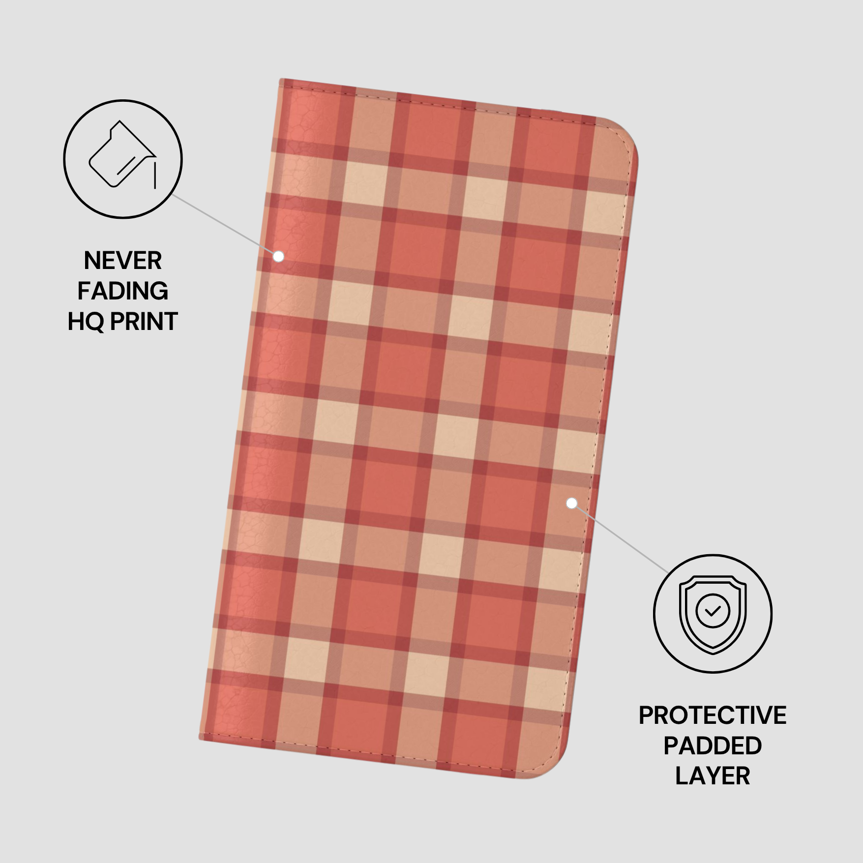 Plaid patterned phone case with text indicating 'Never Fading HQ Print' and 'Protective Padded Layer' on a light gray background.