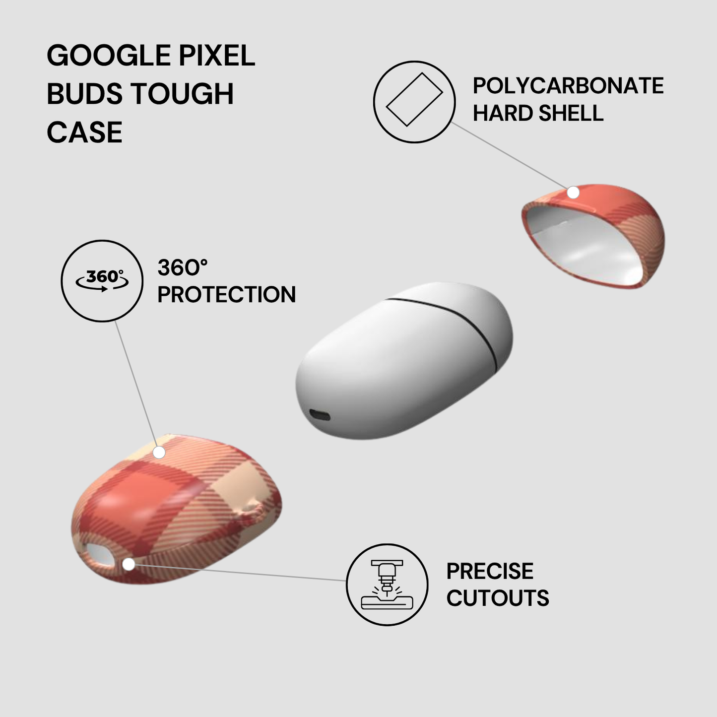 Google Pixel Buds Tough Case with features highlighted on a gray background