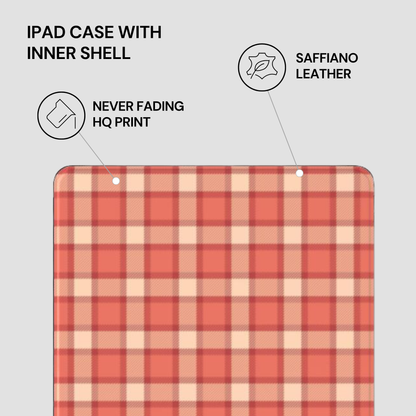 Red and beige checkered pattern with text describing features of an iPad case.
