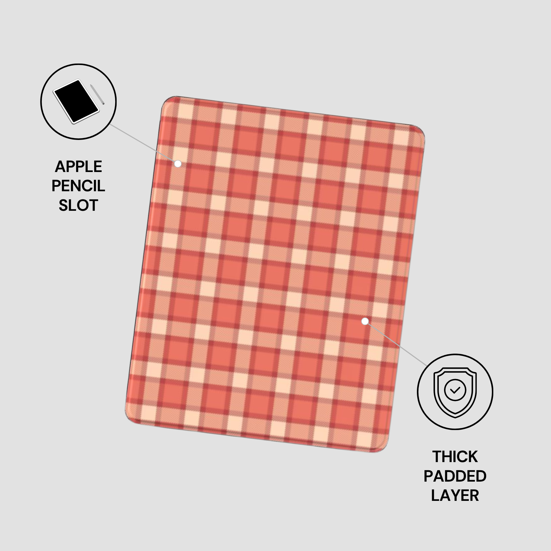 Red and beige checkered case with Apple Pencil slot and thick padded layer on a gray background