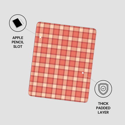 Red and beige checkered case with Apple Pencil slot and thick padded layer on a gray background