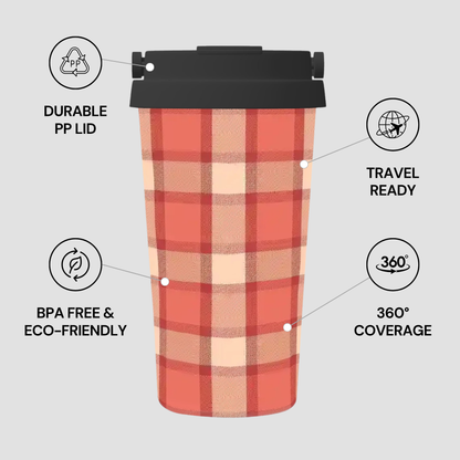 Plaid-patterned travel mug with features highlighted on a light gray background