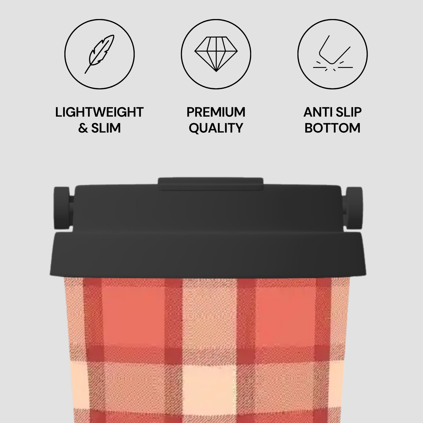 Plaid bag with black lid on a light gray background, featuring icons and text about product features.