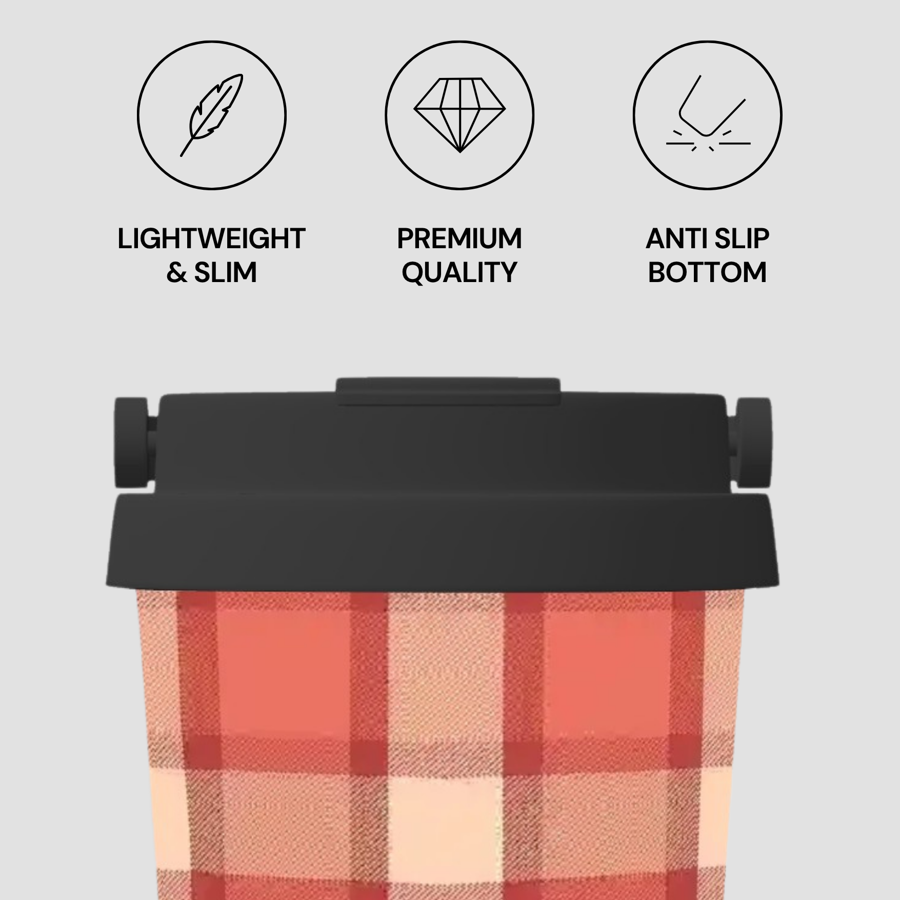 Plaid bag with black lid on a light gray background, featuring icons and text about product features.