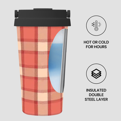 Plaid-patterned tumbler with insulated design features on a light gray background