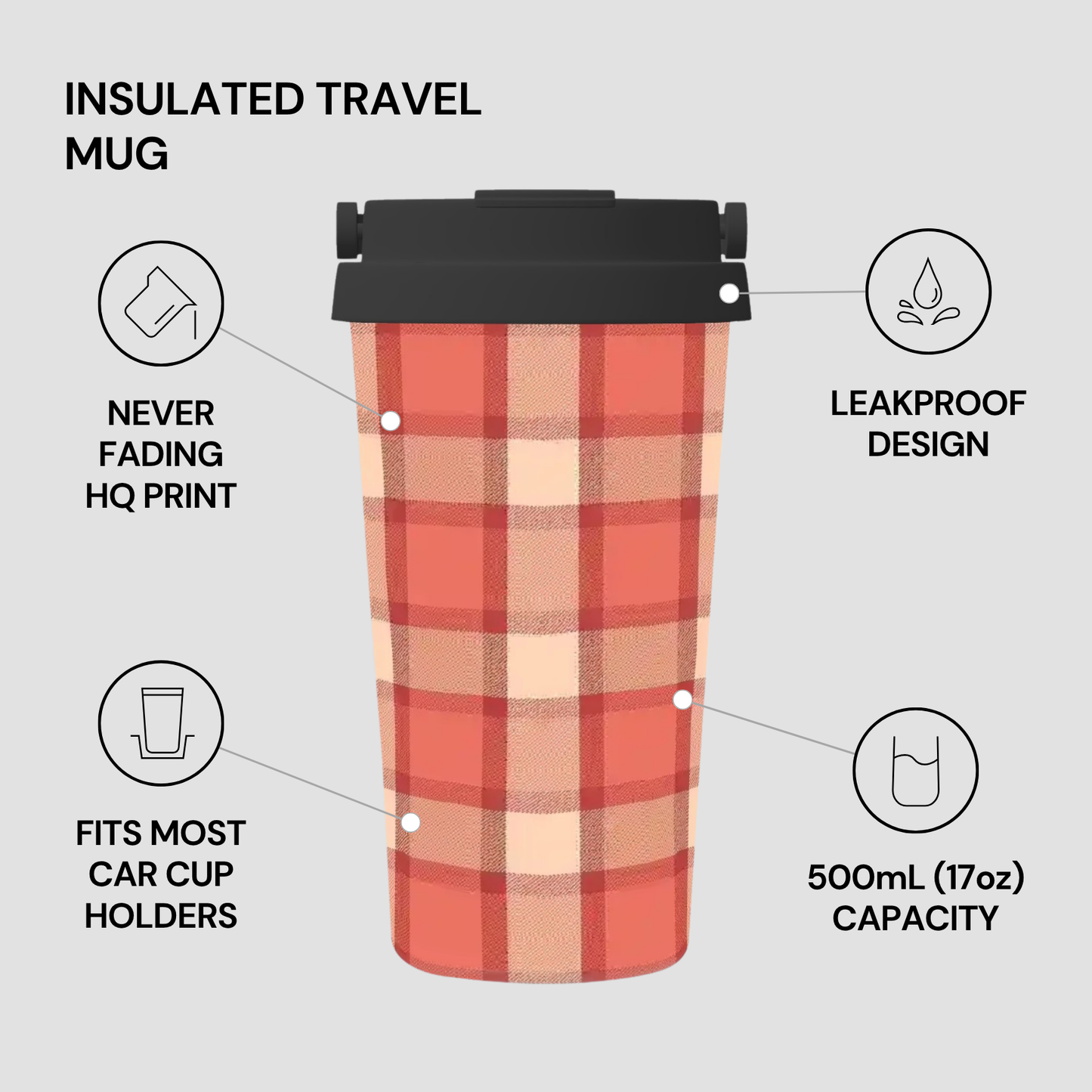 Plaid insulated travel mug with features listed on a gray background