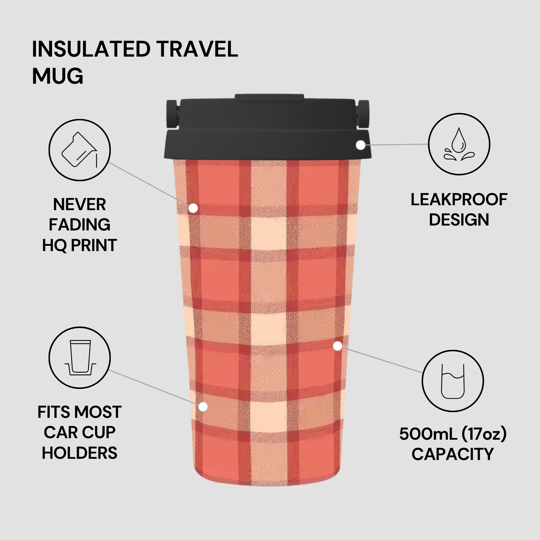 Plaid insulated travel mug with features listed on a gray background