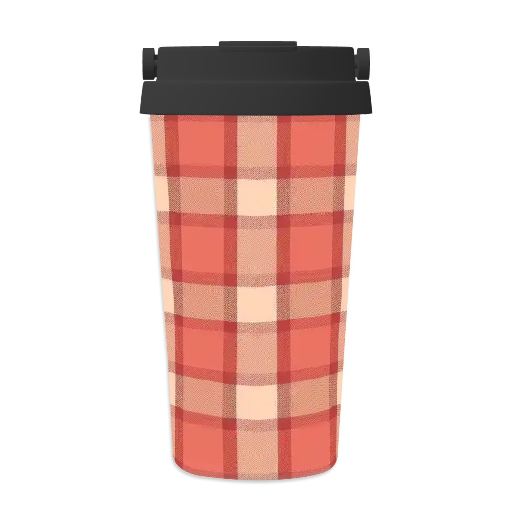 Plaid-patterned tumbler with a black lid on a white background