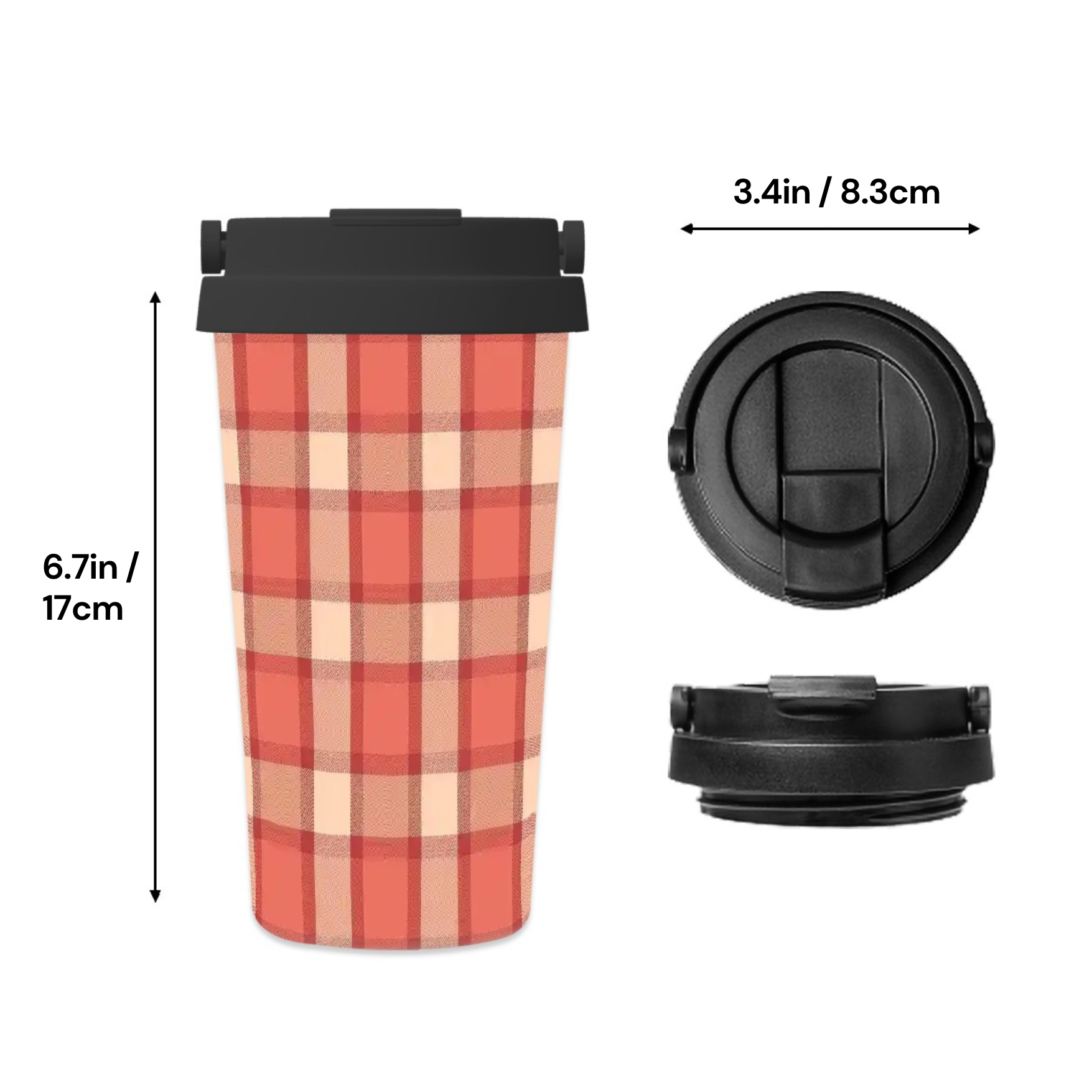 Plaid-patterned travel mug with black lid, shown with measurements on a white background.
