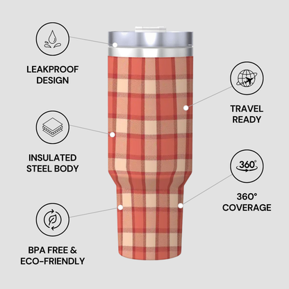 Plaid-patterned tumbler with features highlighted on a gray background