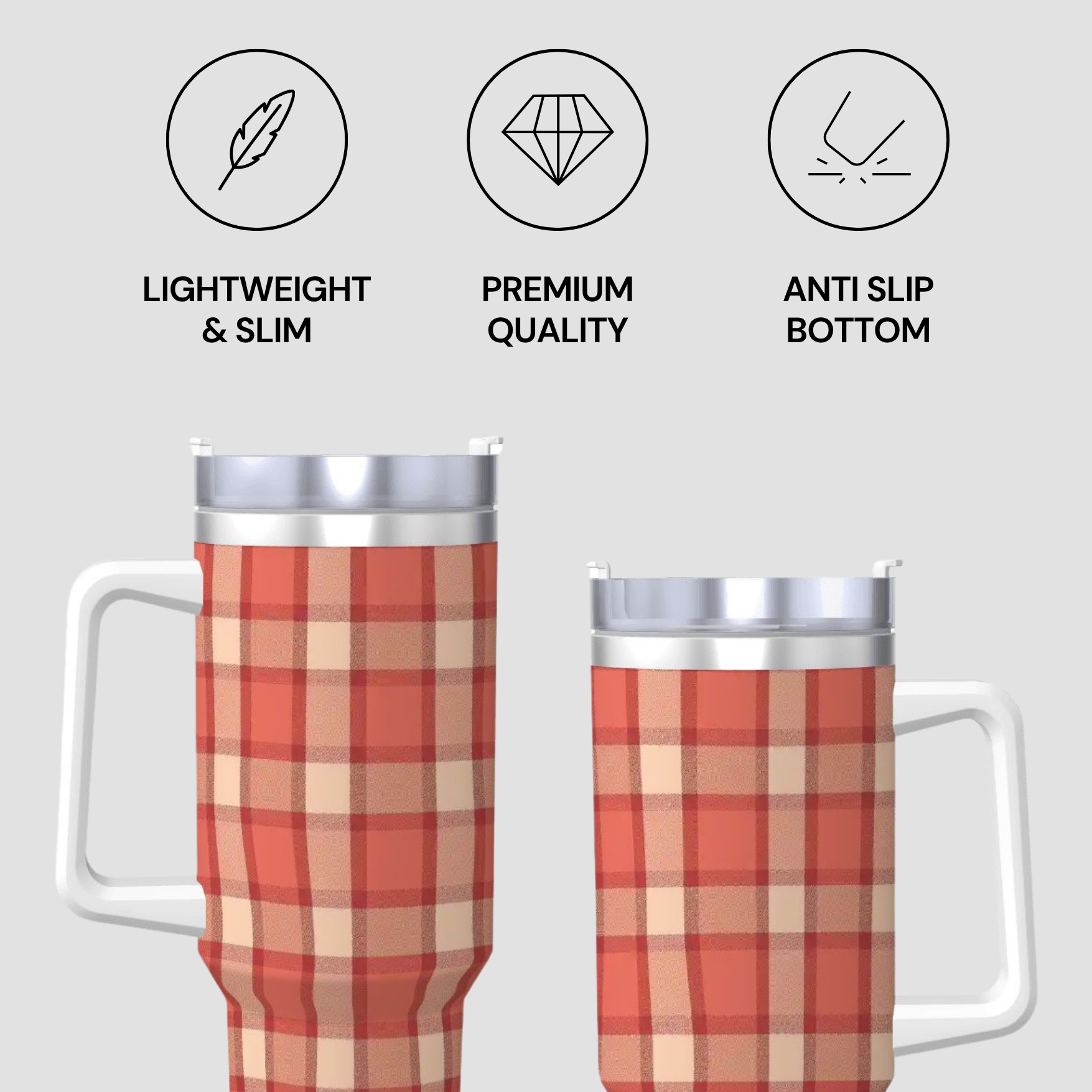 Two plaid-patterned tumblers with features listed above on a light gray background