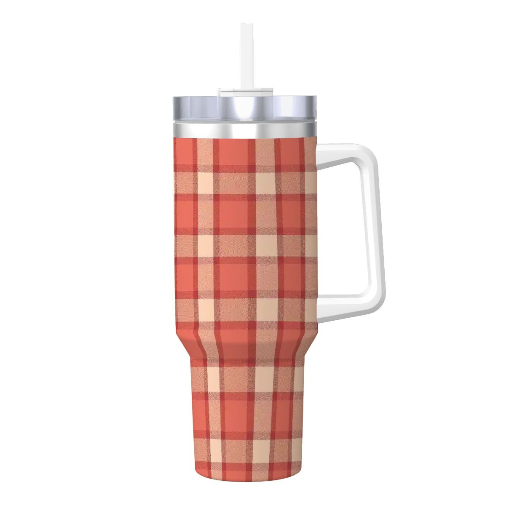Plaid-patterned tumbler with a handle on a white background