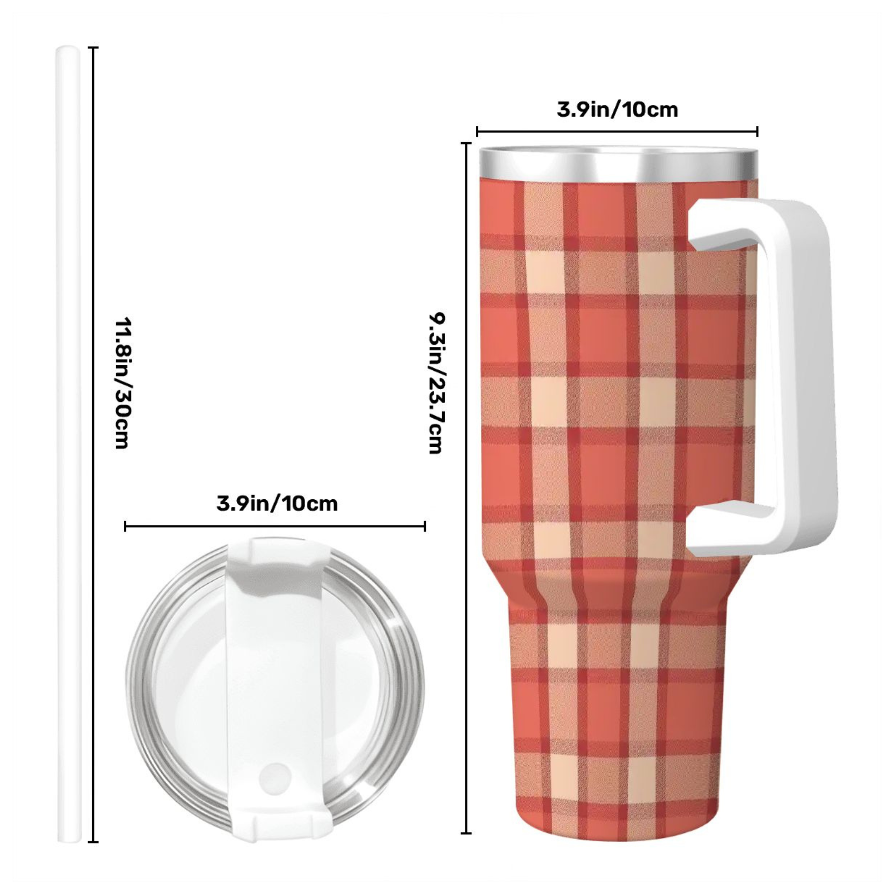 Red plaid tumbler with handle and lid, shown with measurements on a white background