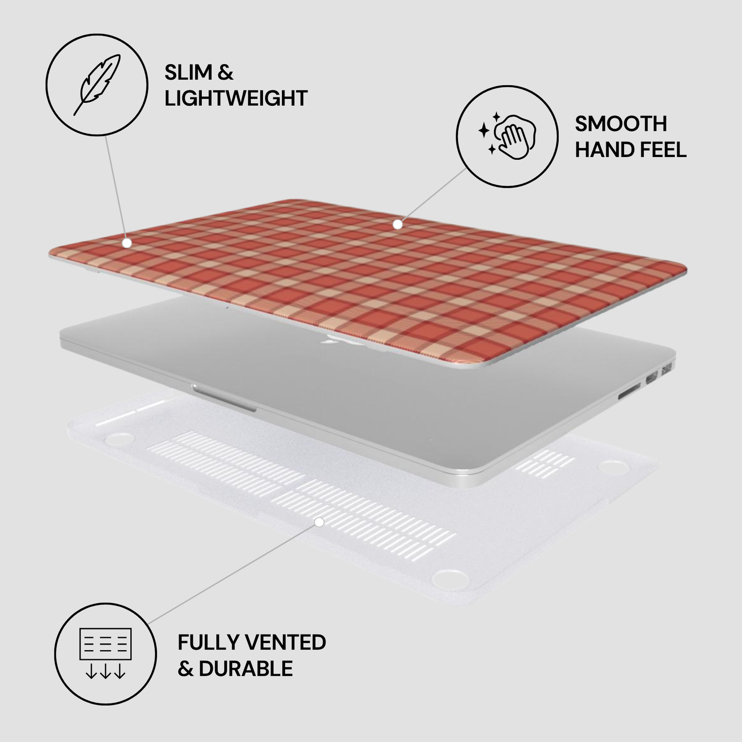Laptop with a red checkered skin on a light gray background, featuring text labels about the product's features.