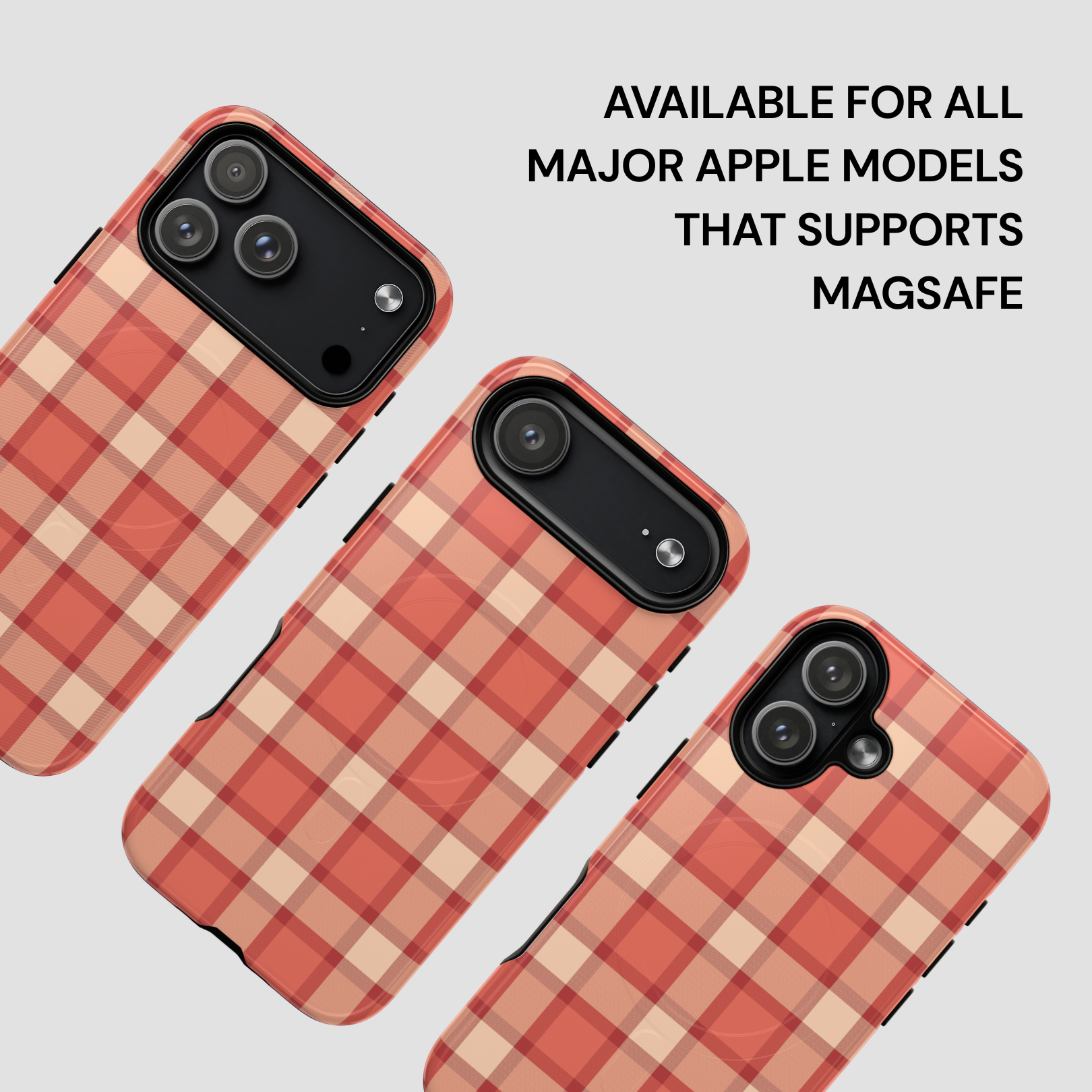 Plaid patterned phone cases for Apple devices on a light gray background