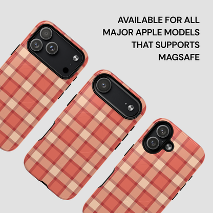 Plaid patterned phone cases for Apple devices on a light gray background