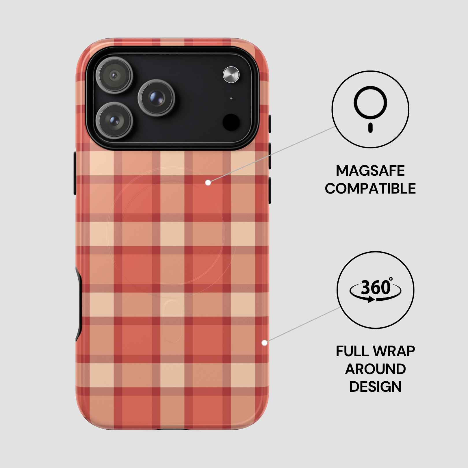 Plaid patterned phone case with Magsafe compatibility and 360-degree wrap design on a gray background