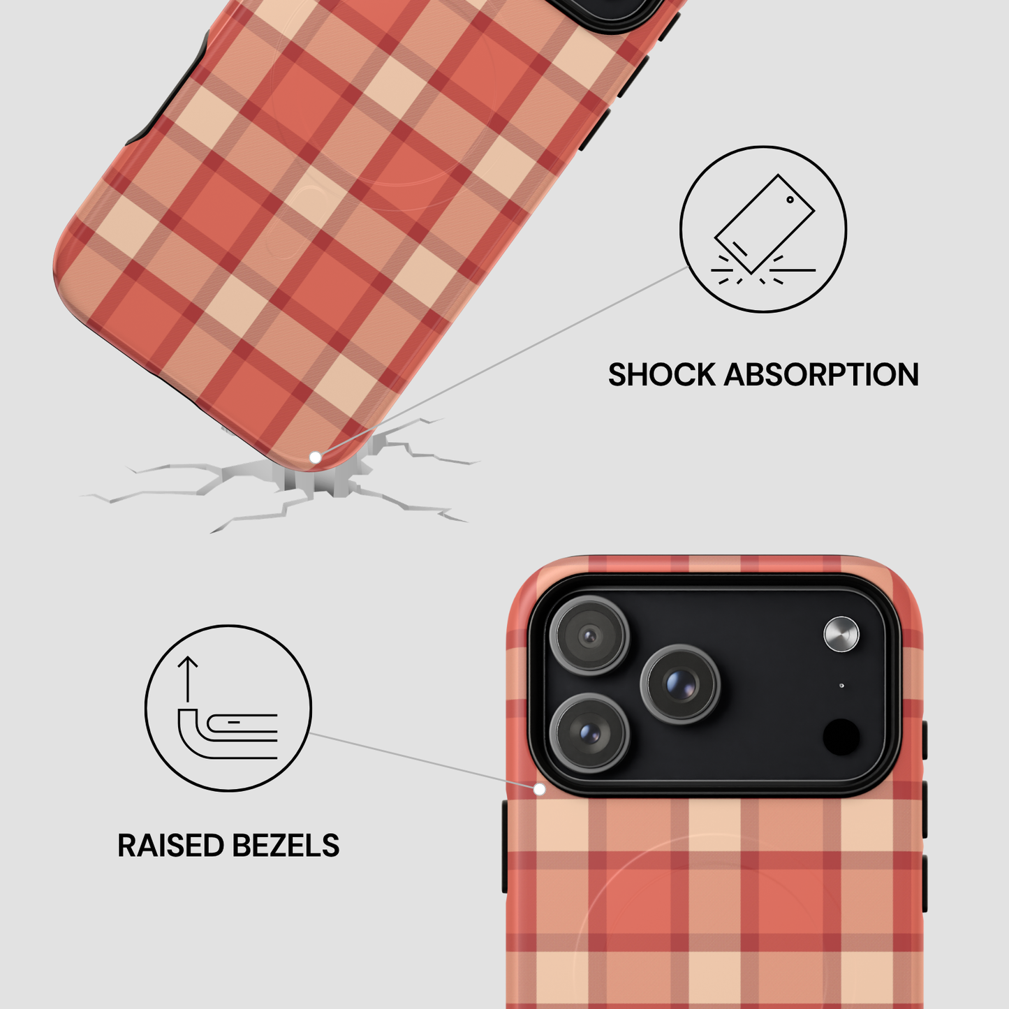 Plaid patterned phone case with shock absorption and raised bezels features on a white background