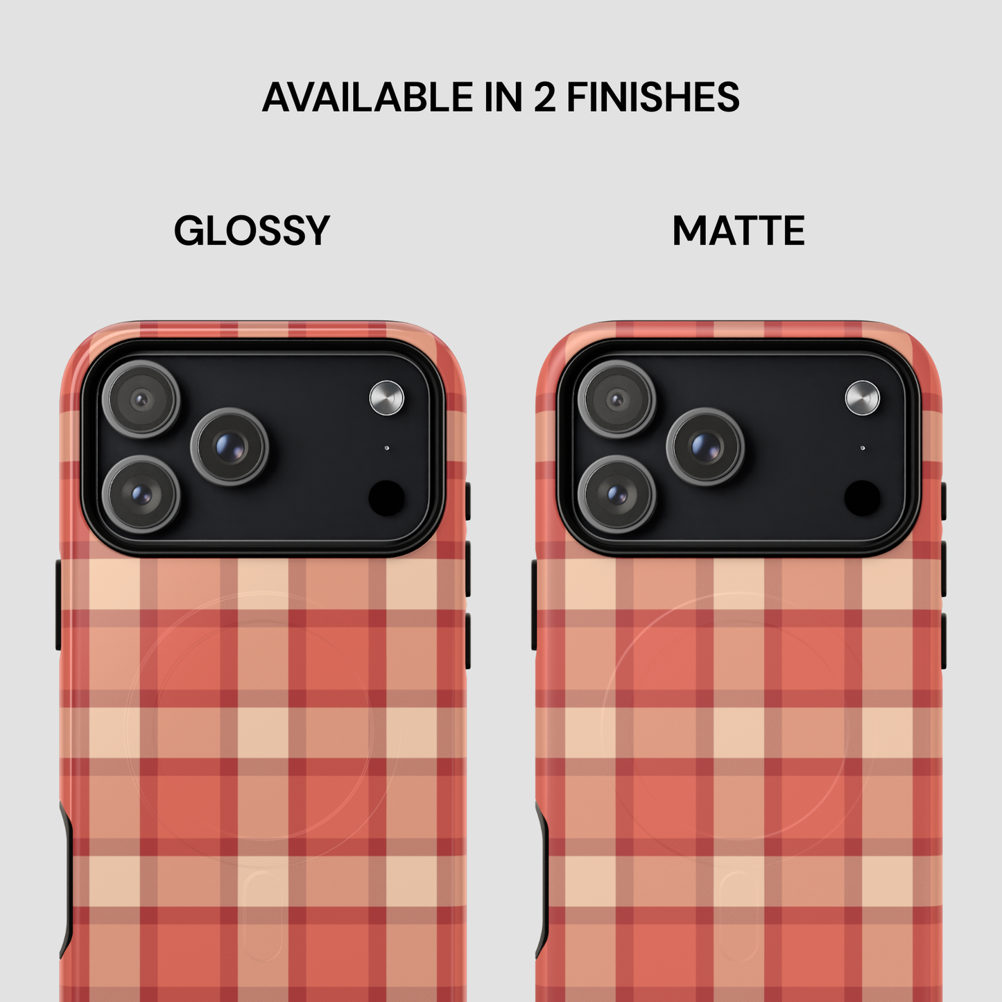 Two phone cases with a plaid pattern, one glossy and one matte, on a light gray background.