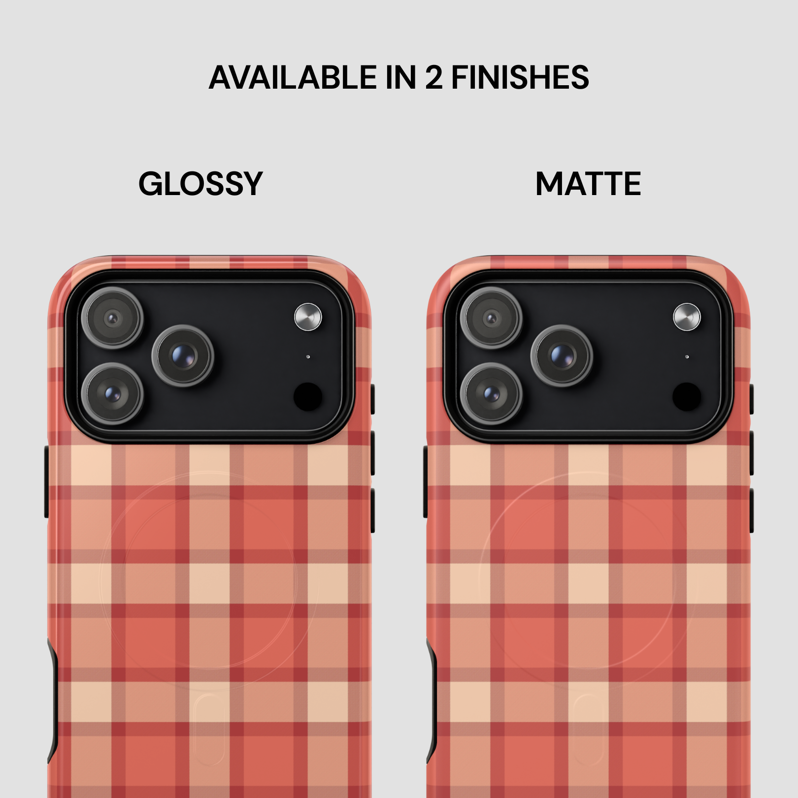 Two phone cases with a plaid pattern, one glossy and one matte, on a light gray background.