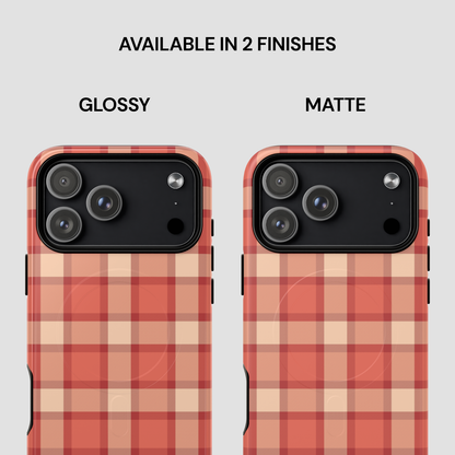 Two phone cases with a plaid pattern, one glossy and one matte, on a light gray background.