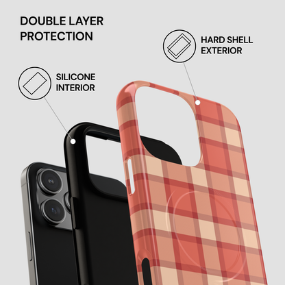 Plaid phone case with text highlighting double layer protection on a gray background