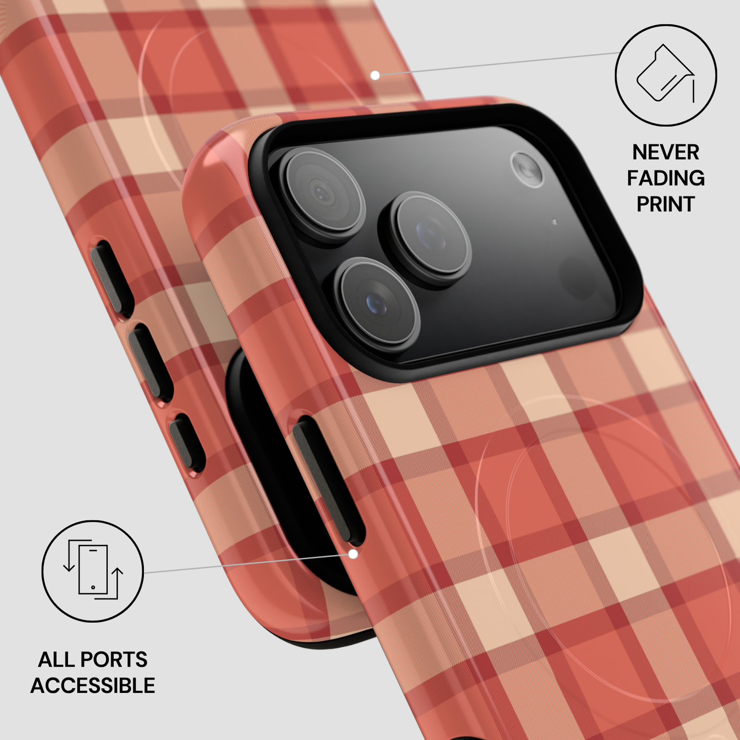 Plaid pattern phone case with camera and port accessibility features on a light gray background