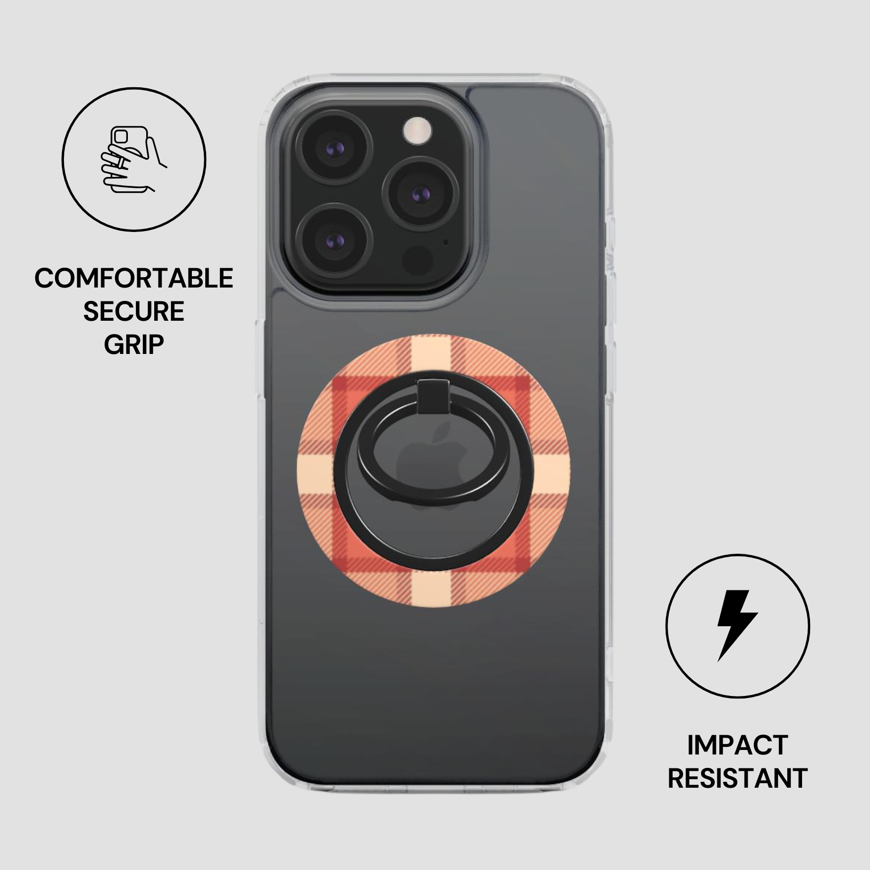 Phone case with plaid design and ring holder on a gray background