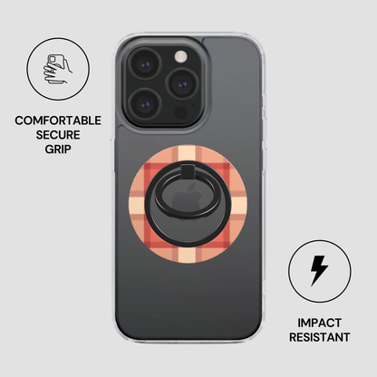 Phone case with plaid design and ring holder on a gray background