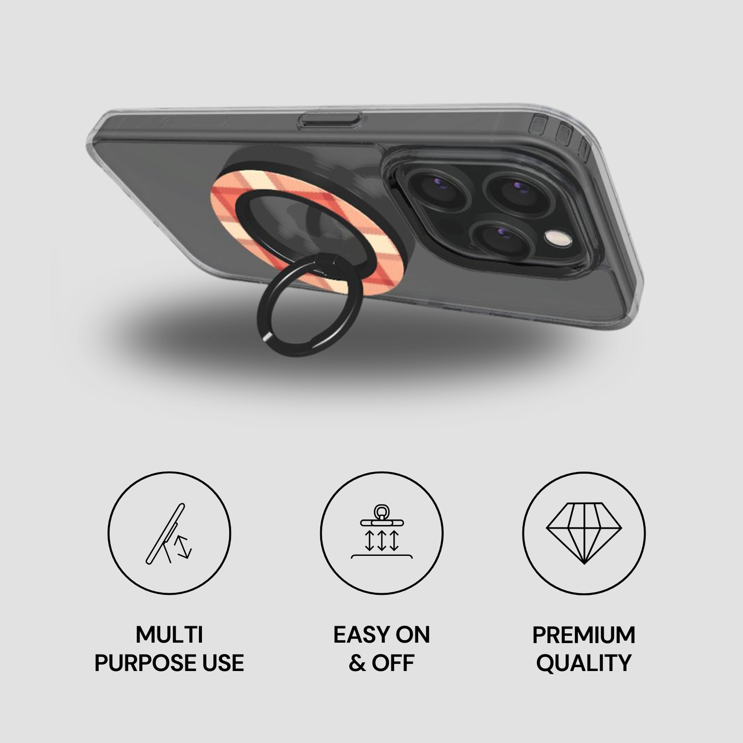 Phone case with ring holder on a gray background