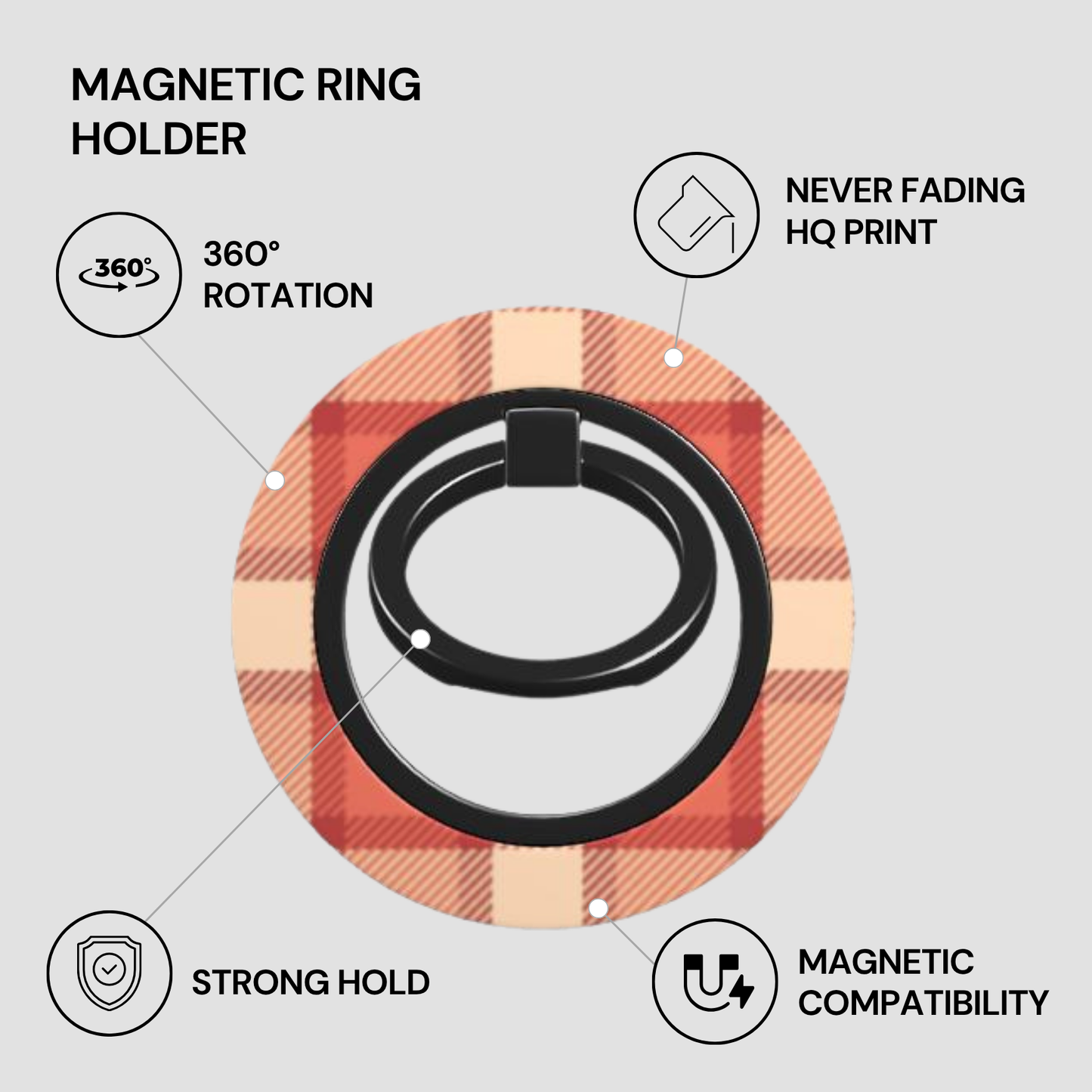 Magnetic ring holder with plaid design on a gray background, featuring text labels about its features.