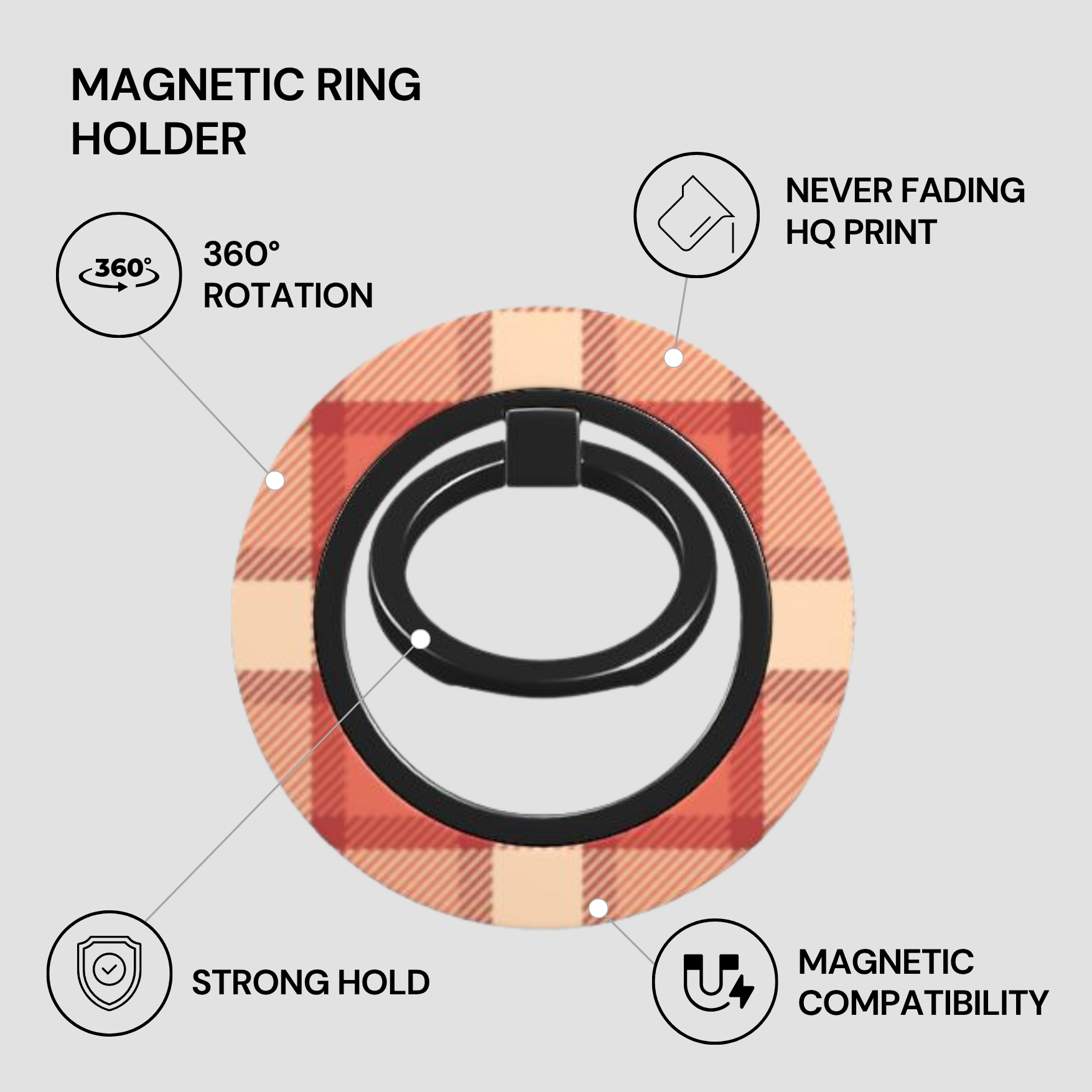 Magnetic ring holder with plaid design on a gray background, featuring text labels about its features.