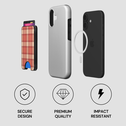 Exploded view of Terracotta Picnic Magnetic Wallet with phone, case, and magnetic ring components