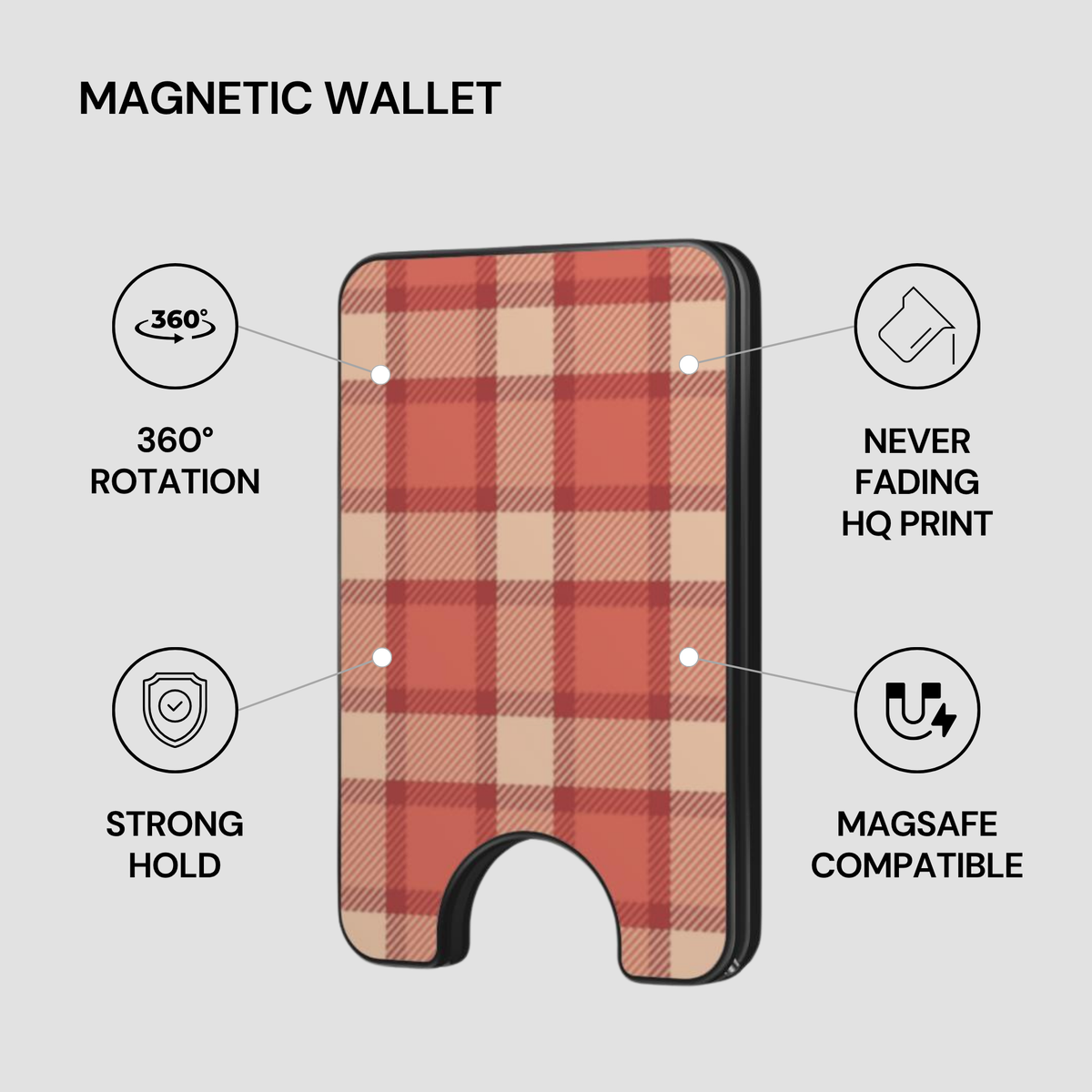 Terracotta Picnic Magnetic Wallet with feature callouts including strong hold, MagSafe compatible, and HQ print