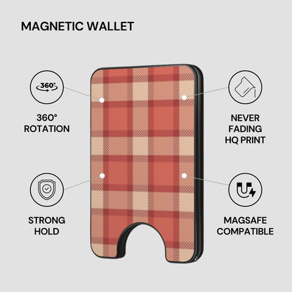 Terracotta Picnic Magnetic Wallet with feature callouts including strong hold, MagSafe compatible, and HQ print