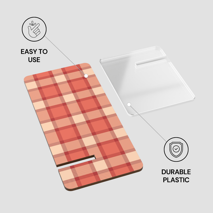 Plaid cutting board with text 'Easy to Use' and 'Durable Plastic' on a light gray background
