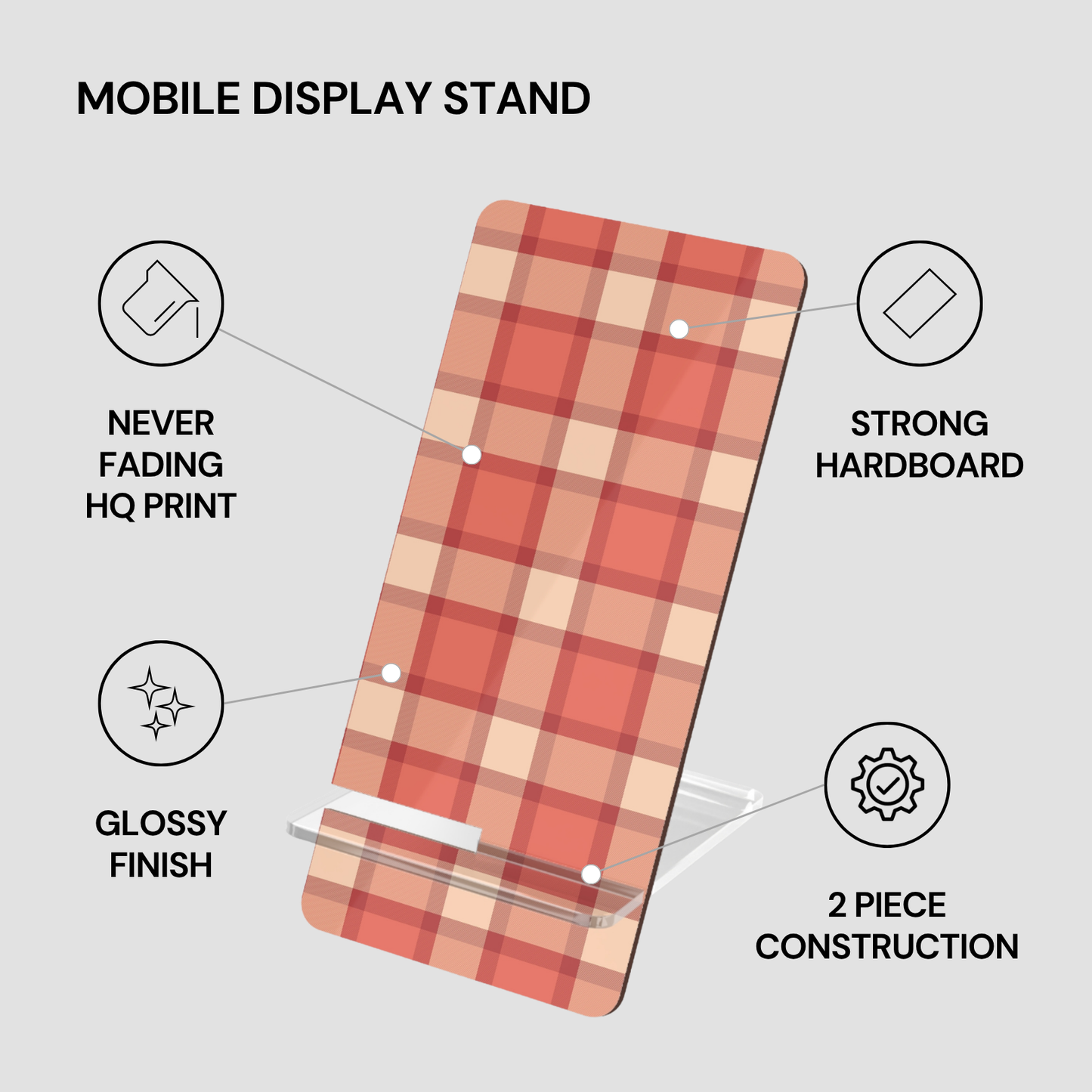 Plaid-patterned mobile display stand with features listed on a gray background