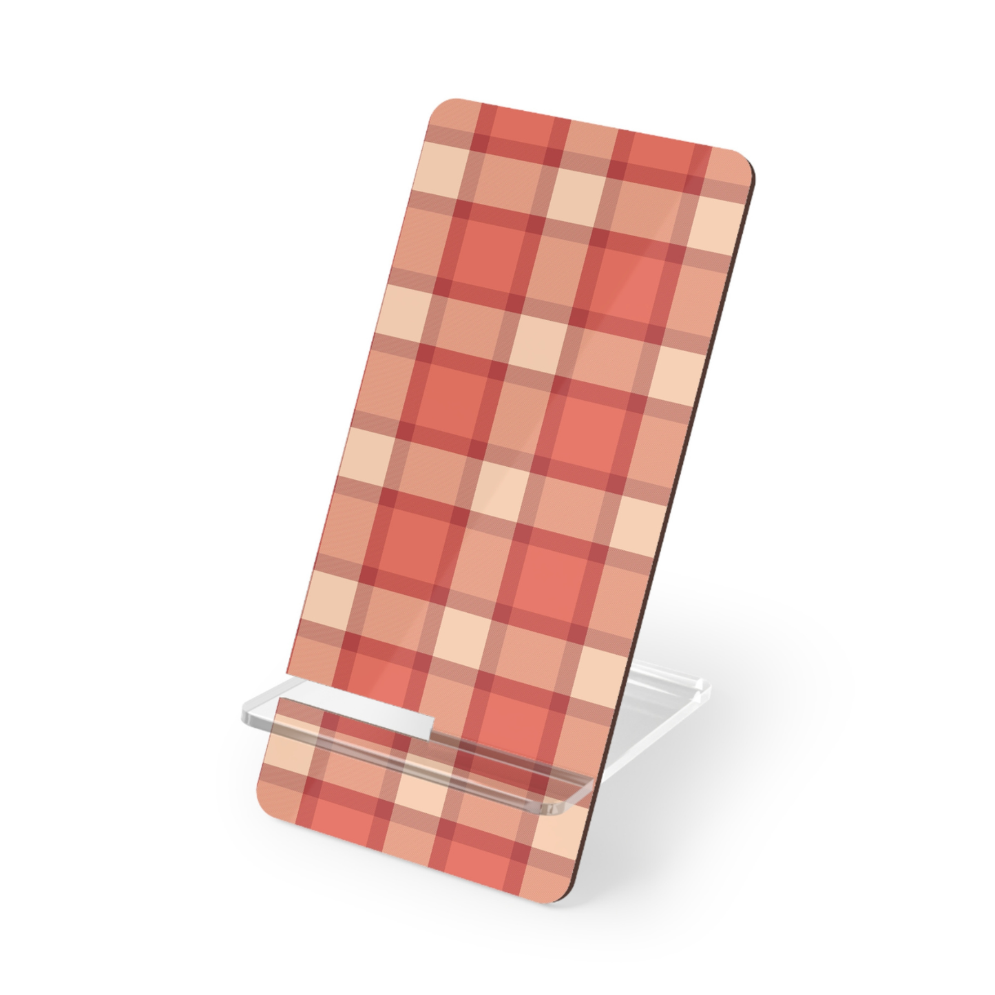 Plaid phone stand with red and beige pattern on a white background