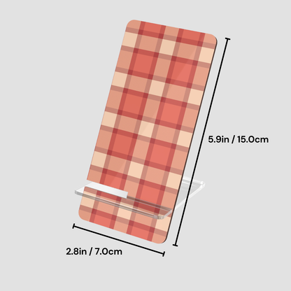 Plaid-patterned product with dimensions on a light gray background