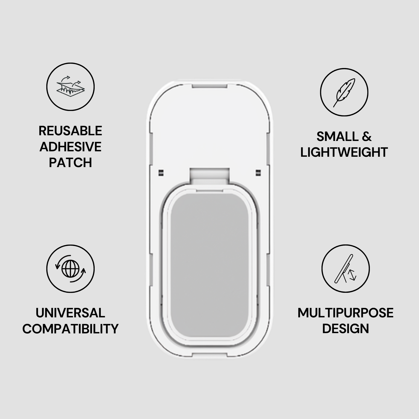 Reusable adhesive patch with features listed on a gray background