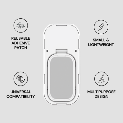 Reusable adhesive patch with features listed on a gray background
