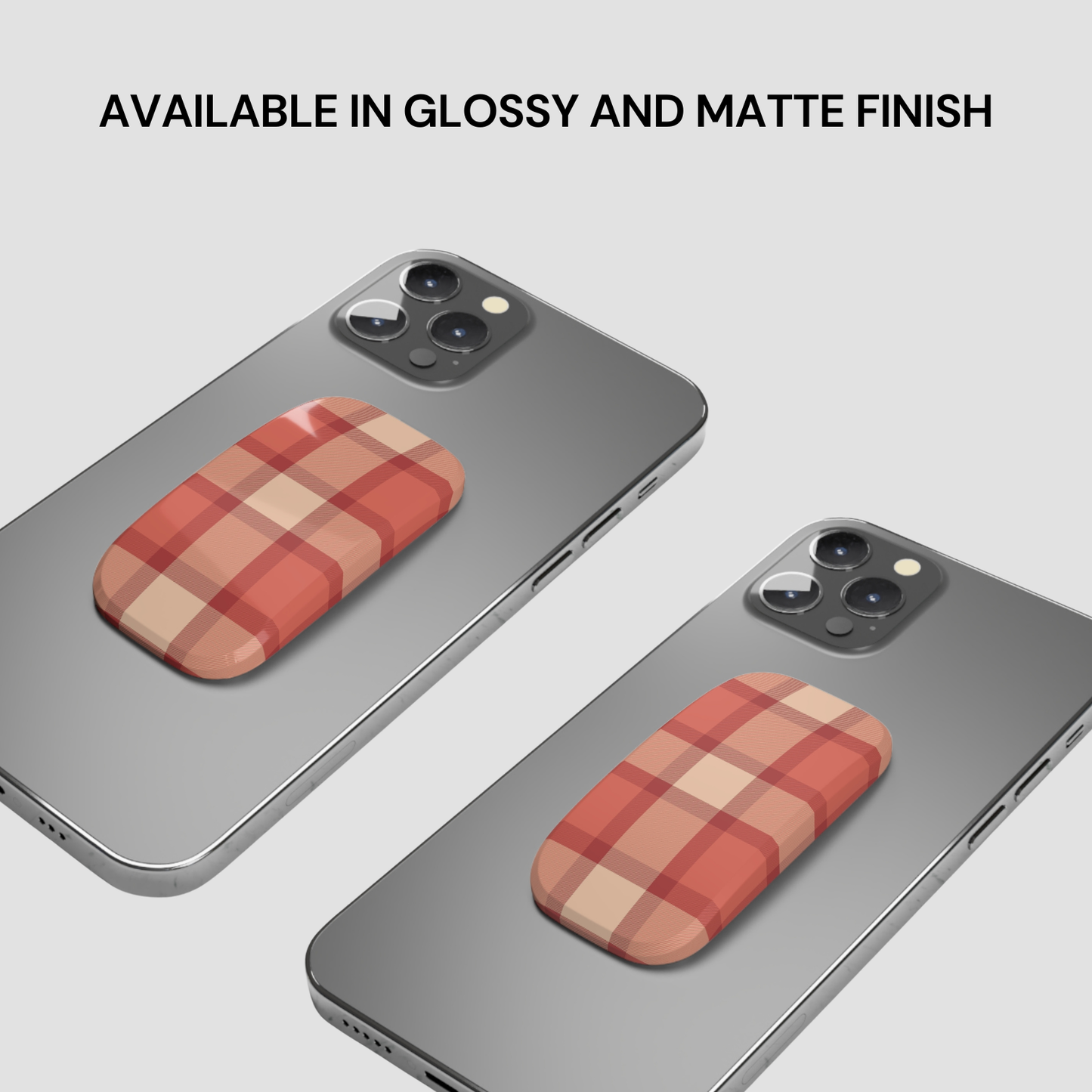 Two phone cases with red polka dot design on a gray background, text indicating finish options.