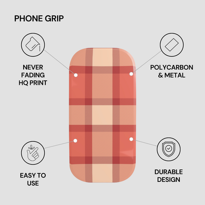 Plaid phone grip with features highlighted on a gray background