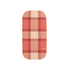 Rectangular plate with a plaid pattern in shades of red, orange, and beige on a white background.