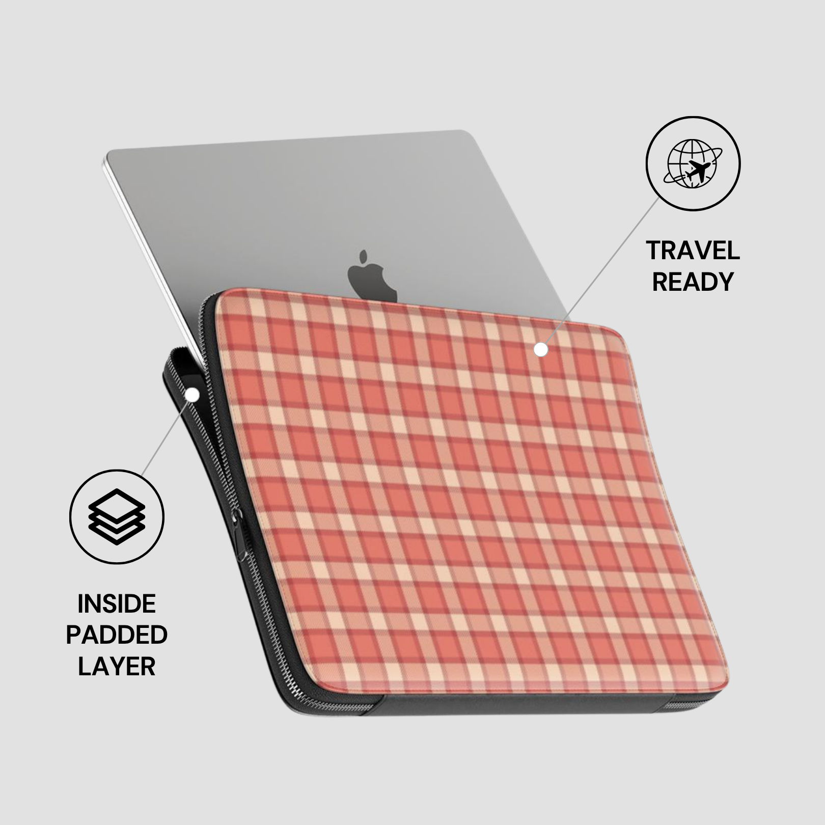 Red plaid laptop sleeve with Apple logo on a gray background