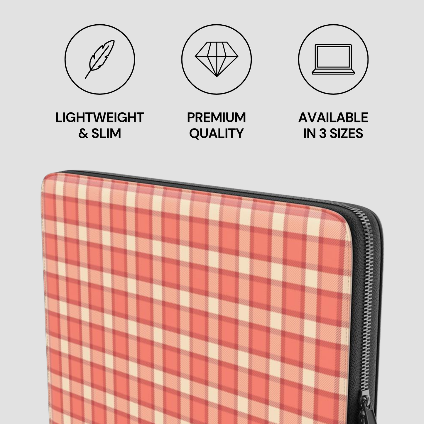 Plaid patterned laptop sleeve with icons and text on a gray background