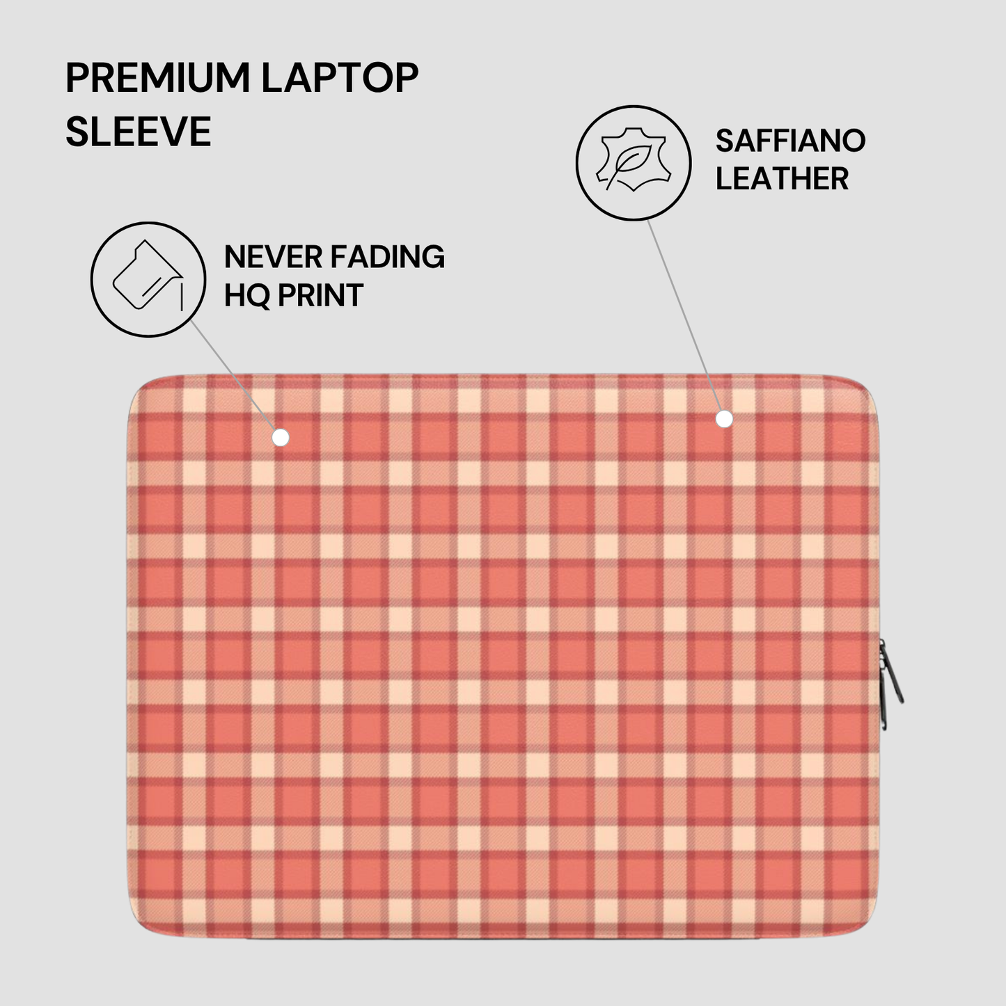 Plaid patterned laptop sleeve with text highlighting features on a gray background