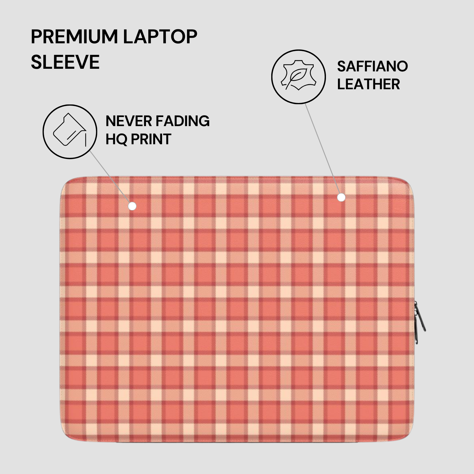 Plaid patterned laptop sleeve with text highlighting features on a gray background