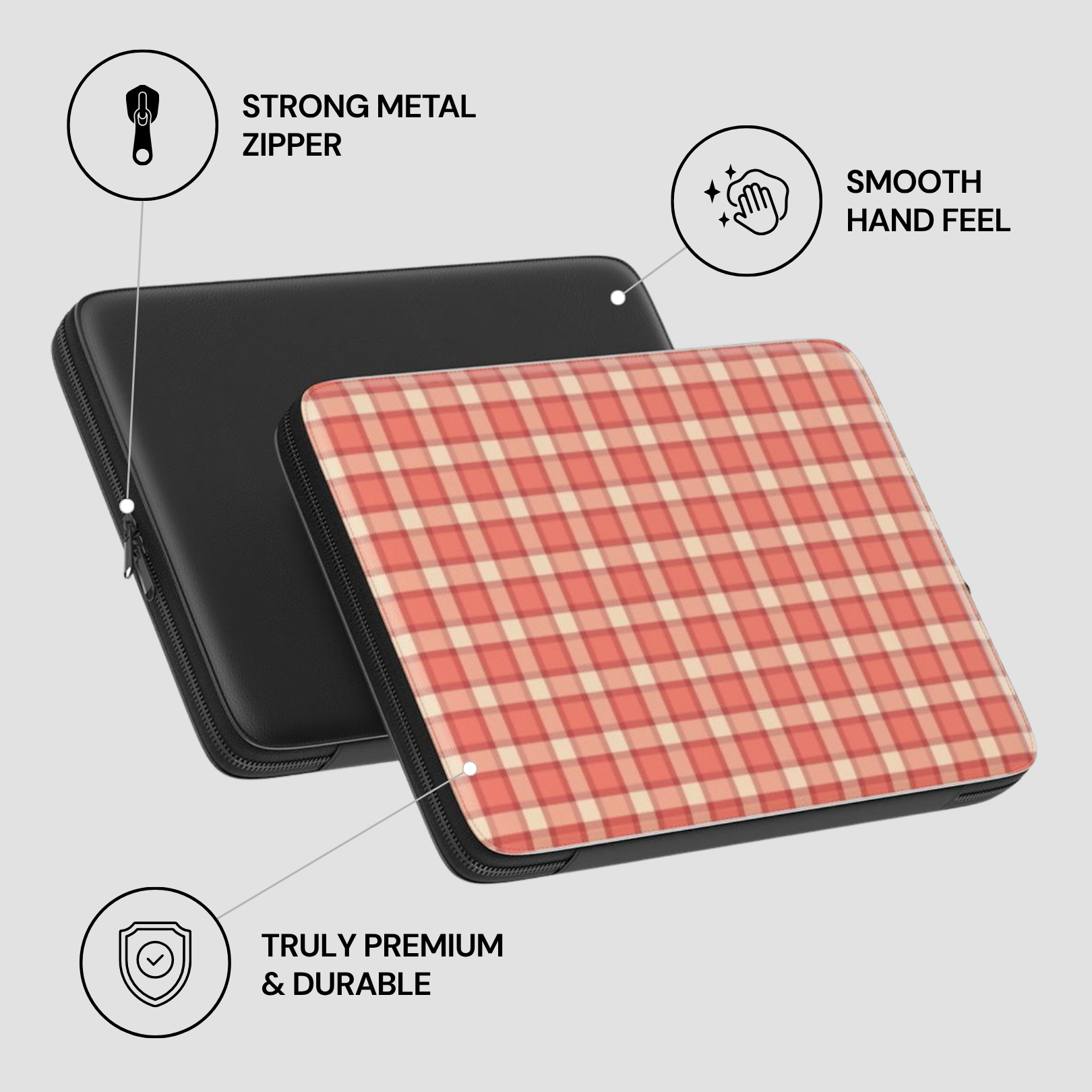 Red and beige checkered pouch with black metal zipper on a light gray background